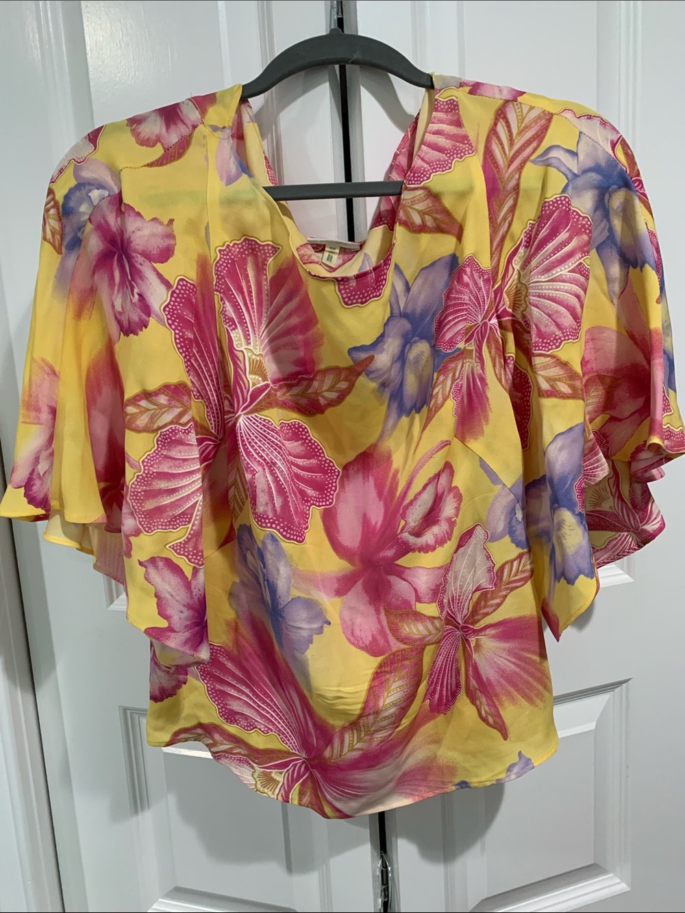 Escada Yellow Floral Flutter Sleeve Top and skirt with Pink & Purple Blooms
